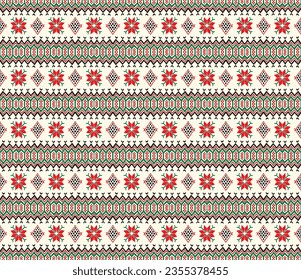 Vector nordic ornament. winter scandinavian seamless pattern, border design for fashion fabric, knit, textile, cross embroidery. Norwegian background with red and blue colors