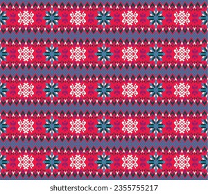 Vector nordic ornament. winter scandinavian seamless pattern, border design for fashion fabric, knit, textile, cross embroidery. Norwegian background with red and blue colors