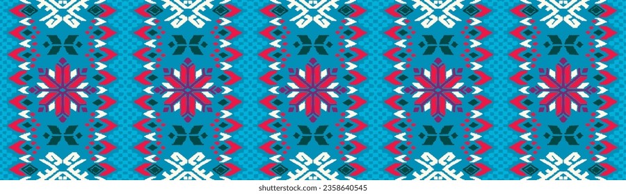 Vector nordic ornament. winter scandinavian seamless pattern, border design for fashion fabric, knit, textile, cross embroidery. Norwegian background with red and blue colors