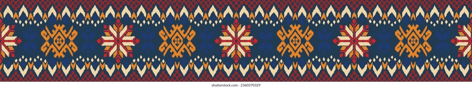 Vector nordic ornament. winter scandinavian seamless pattern, border design for fashion fabric, knit, textile, cross embroidery. Norwegian background with red and blue colors