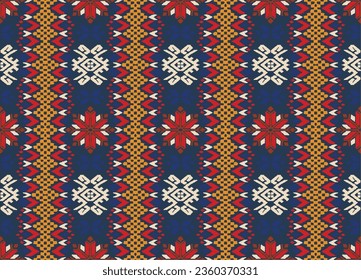 Vector nordic ornament. winter scandinavian seamless pattern, border design for fashion fabric, knit, textile, cross embroidery. Norwegian background with red and blue colors