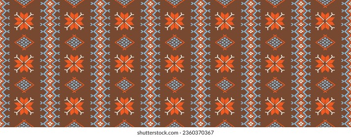 Ornamento vectorial nórdico. patrón inmaculado de invierno, diseño de borde para tela de moda, de punto, textil, bordado cruzado. Fondo noruego con colores rojo y azul