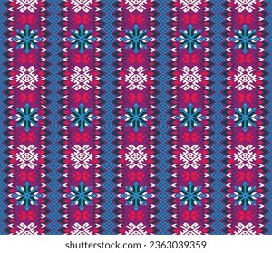 Vector nordic ornament. winter scandinavian seamless pattern, border design for fashion fabric, knit, textile, cross embroidery. Norwegian background with red and blue colors