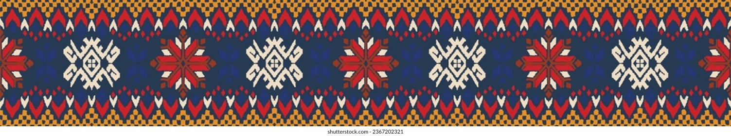 Vector nordic ornament. winter scandinavian seamless pattern, border design for fashion fabric, knit, textile, cross embroidery. Norwegian background with red and blue colors