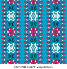 Vector nordic ornament. winter scandinavian seamless pattern, border design for fashion fabric, knit, textile, cross embroidery. Norwegian background with red and blue colors