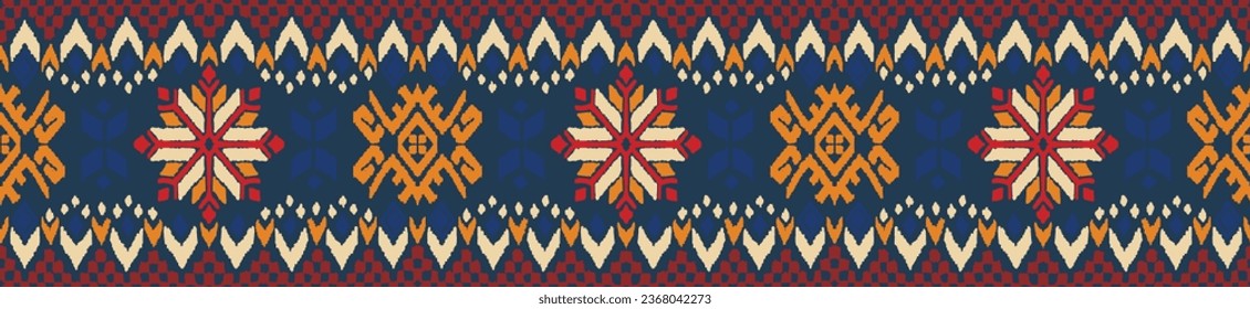 Vector nordic ornament. winter scandinavian seamless pattern, border design for fashion fabric, knit, textile, cross embroidery. Norwegian background with red and blue colors