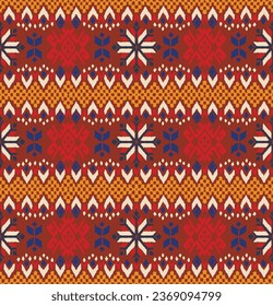 Vector nordic ornament. winter scandinavian seamless pattern, border design for fashion fabric, knit, textile, cross embroidery. Norwegian background with red and blue colors