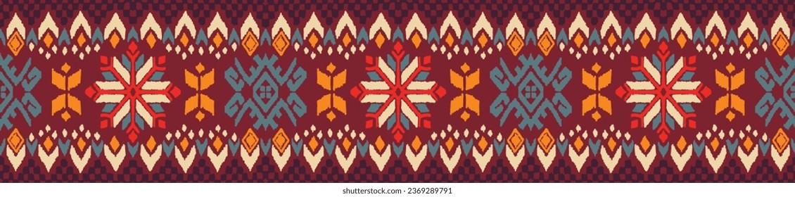 Vector nordic ornament. winter scandinavian seamless pattern, border design for fashion fabric, knit, textile, cross embroidery. Norwegian background with red and blue colors