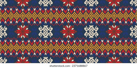 Vector nordic ornament. winter scandinavian seamless pattern, border design for fashion fabric, knit, textile, cross embroidery. Norwegian background with red and blue colors