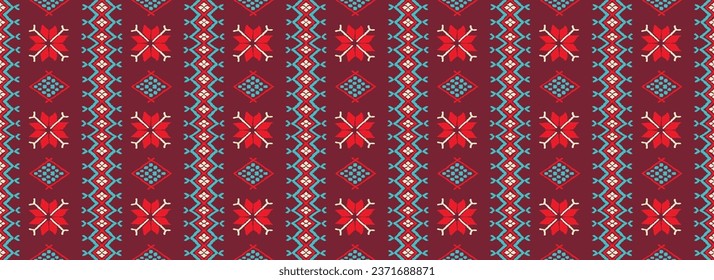 Ornamento vectorial nórdico. patrón inmaculado de invierno, diseño de borde para tela de moda, de punto, textil, bordado cruzado. Fondo noruego con colores rojo y azul