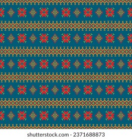 Vector nordic ornament. winter scandinavian seamless pattern, border design for fashion fabric, knit, textile, cross embroidery. Norwegian background with red and blue colors