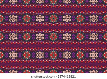 Vector nordic ornament. winter scandinavian seamless pattern, border design for fashion fabric, knit, textile, cross embroidery. Norwegian background with red and blue colors