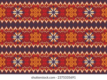 Vector nordic ornament. winter scandinavian seamless pattern, border design for fashion fabric, knit, textile, cross embroidery. Norwegian background with red and blue colors. Hand drawn, not AI