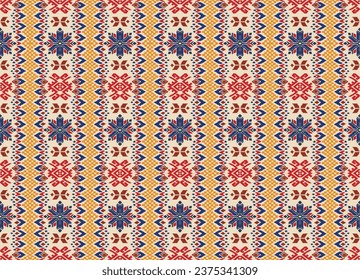 Vector nordic ornament. winter scandinavian seamless pattern, border design for fashion fabric, knit, textile, cross embroidery. Norwegian background with red and blue colors. Hand drawn, not AI