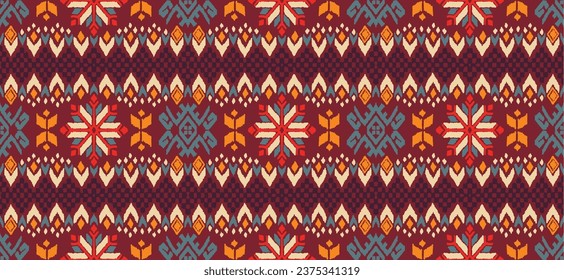 Vector nordic ornament. winter scandinavian seamless pattern, border design for fashion fabric, knit, textile, cross embroidery. Norwegian background with red and blue colors. Hand drawn, not AI