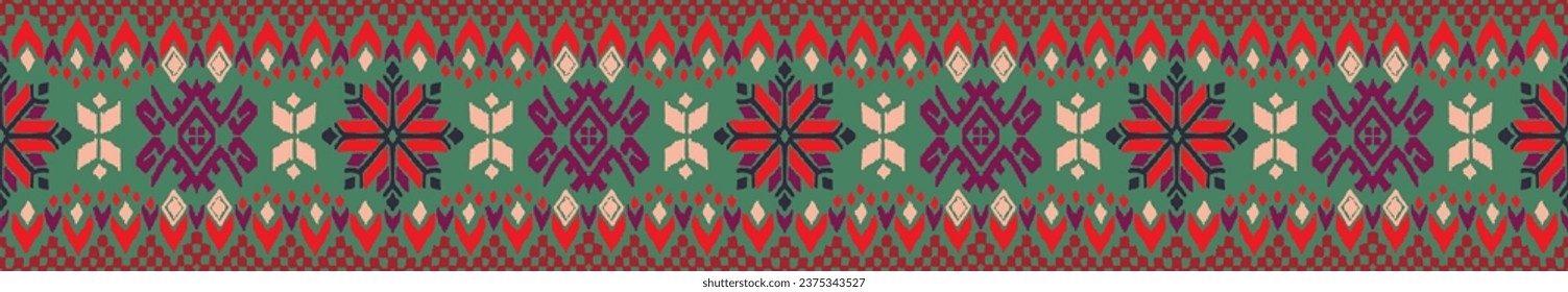 Vector nordic ornament. winter scandinavian seamless pattern, border design for fashion fabric, knit, textile, cross embroidery. Norwegian background with red and blue colors. Hand drawn, not AI