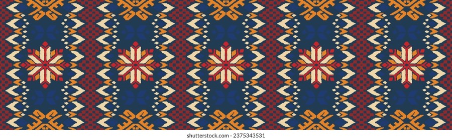 Vector nordic ornament. winter scandinavian seamless pattern, border design for fashion fabric, knit, textile, cross embroidery. Norwegian background with red and blue colors. Hand drawn, not AI