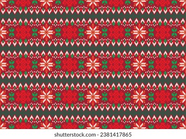 Vector nordic ornament. winter scandinavian seamless pattern, border design for fashion fabric, knit, textile, cross embroidery. Norwegian background with red and blue colors