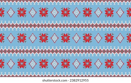 Vector nordic ornament. winter scandinavian seamless pattern, border design for fashion fabric, knit, textile, cross embroidery. Norwegian background with red and blue colors