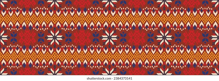 Vector nordic ornament. winter scandinavian seamless pattern, border design for fashion fabric, knit, textile, cross embroidery. Norwegian background with red and blue colors