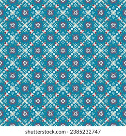 Vector nordic ornament. winter scandinavian seamless pattern, border design for fashion fabric, knit, textile, cross embroidery. Norwegian background with red and blue colors