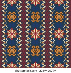 Vector nordic ornament. winter scandinavian seamless pattern, border design for fashion fabric, knit, textile, cross embroidery. Norwegian background with red and blue colors
