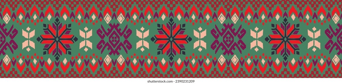 Vector nordic ornament. winter scandinavian seamless pattern, border design for fashion fabric, knit, textile, cross embroidery. Norwegian background with red and blue colors
