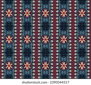 Vector nordic ornament. winter scandinavian seamless pattern, border design for fashion fabric, knit, textile, cross embroidery. Norwegian background with red and blue colors