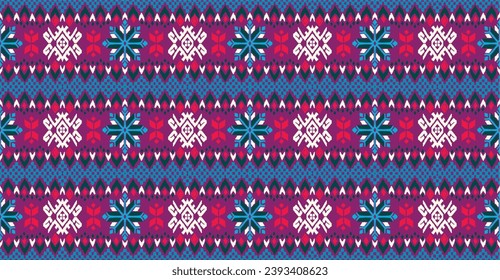 Vector nordic ornament. winter scandinavian seamless pattern, border design for fashion fabric, knit, textile, cross embroidery. Norwegian background with red and blue colors