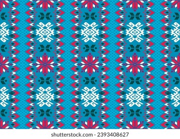 Vector nordic ornament. winter scandinavian seamless pattern, border design for fashion fabric, knit, textile, cross embroidery. Norwegian background with red and blue colors