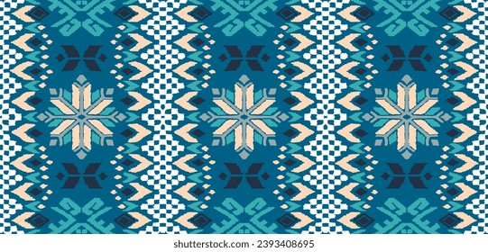 Vector nordic ornament. winter scandinavian seamless pattern, border design for fashion fabric, knit, textile, cross embroidery. Norwegian background with red and blue colors