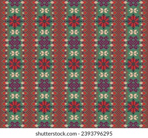 Vector nordic ornament. winter scandinavian seamless pattern, border design for fashion fabric, knit, textile, cross embroidery. Norwegian background with red and blue colors