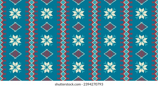 Vector nordic ornament. winter scandinavian seamless pattern, border design for fashion fabric, knit, textile, cross embroidery. Norwegian background with red and blue colors