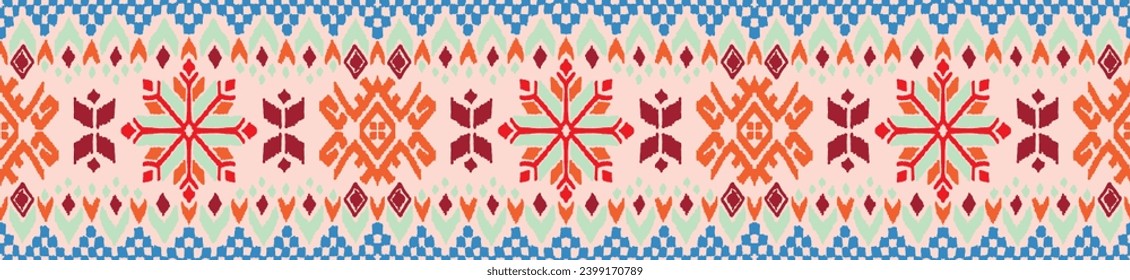 Vector nordic ornament. winter scandinavian seamless pattern, border design for fashion fabric, knit, textile, cross embroidery. Norwegian background with red and blue colors