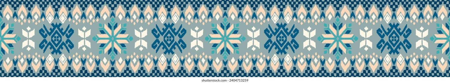 Vector nordic ornament. winter scandinavian seamless pattern, border design for fashion fabric, knit, textile, cross embroidery. Norwegian background with red and blue colors