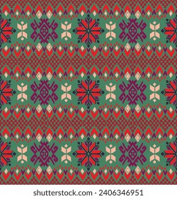 Vector nordic ornament. winter scandinavian seamless pattern, border design for fashion fabric, knit, textile, cross embroidery. Norwegian background with red and blue colors