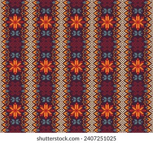 Vector nordic ornament. winter scandinavian seamless pattern, border design for fashion fabric, knit, textile, cross embroidery. Norwegian background with red and blue colors