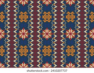 Vector nordic ornament. winter scandinavian seamless pattern, border design for fashion fabric, knit, textile, cross embroidery. Norwegian background with red and blue colors