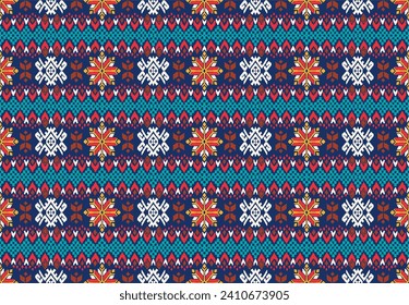 Vector nordic ornament. winter scandinavian seamless pattern, border design for fashion fabric, knit, textile, cross embroidery. Norwegian background with red and blue colors