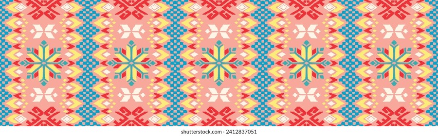 Vector nordic ornament. winter scandinavian seamless pattern, border design for fashion fabric, knit, textile, cross embroidery. Norwegian background with red and blue colors