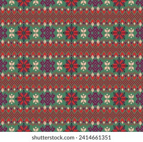 Vector nordic ornament. winter scandinavian seamless pattern, border design for fashion fabric, knit, textile, cross embroidery. Norwegian background with red and blue colors