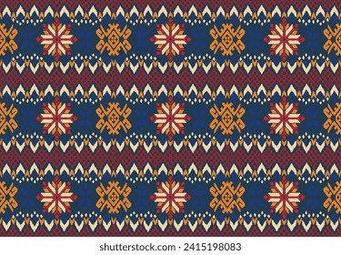 Vector nordic ornament. winter scandinavian seamless pattern, border design for fashion fabric, knit, textile, cross embroidery. Norwegian background with red and blue colors