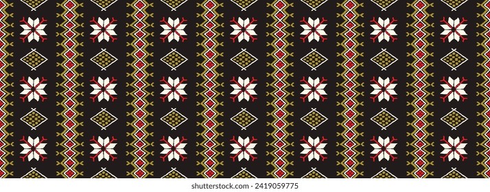 Vector nordic ornament. winter scandinavian seamless pattern, border design for fashion fabric, knit, textile, cross embroidery. Norwegian background with red and blue colors