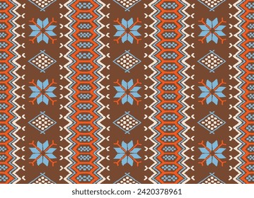 Vector nordic ornament. winter scandinavian seamless pattern, border design for fashion fabric, knit, textile, cross embroidery. Norwegian background with red and blue colors