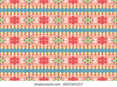 Vector nordic ornament. winter scandinavian seamless pattern, border design for fashion fabric, knit, textile, cross embroidery. Norwegian background with red and blue colors