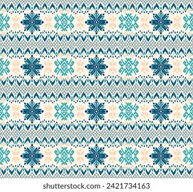 Vector nordic ornament. winter scandinavian seamless pattern, border design for fashion fabric, knit, textile, cross embroidery. Norwegian background with red and blue colors