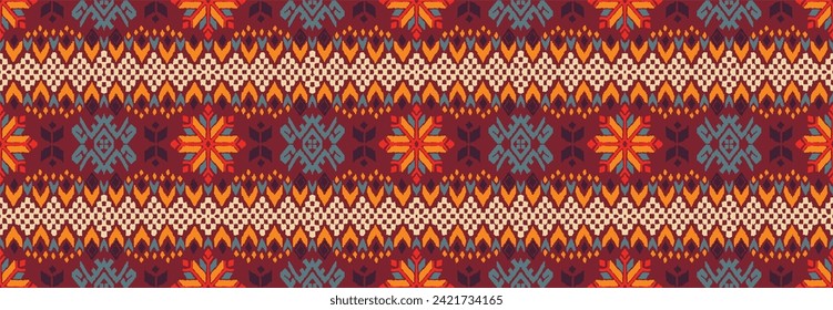 Vector nordic ornament. winter scandinavian seamless pattern, border design for fashion fabric, knit, textile, cross embroidery. Norwegian background with red and blue colors