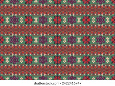 Vector nordic ornament. winter scandinavian seamless pattern, border design for fashion fabric, knit, textile, cross embroidery. Norwegian background with red and blue colors