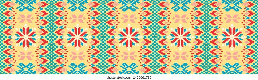 Vector nordic ornament. winter scandinavian seamless pattern, border design for fashion fabric, knit, textile, cross embroidery. Norwegian background with red and blue colors