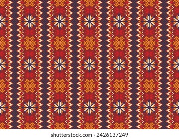 Vector nordic ornament. winter scandinavian seamless pattern, border design for fashion fabric, knit, textile, cross embroidery. Norwegian background with red and blue colors